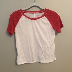 Red and white short sleeve shirt